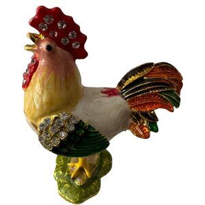 Colorful Rooster Trinket Box With Rhinestone Accents & Hinged Magnetic Closure